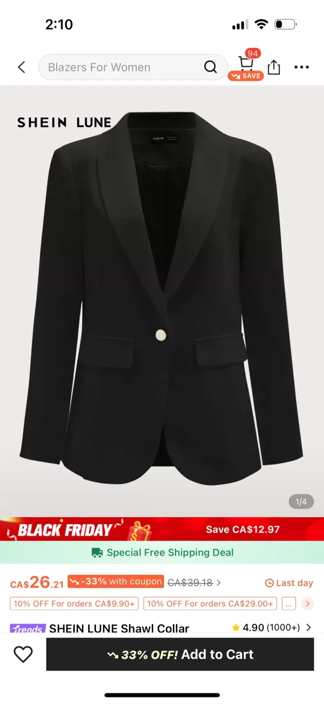 SHEIN LUNE Black Shawl Collar Blazer -M image indicator(3)