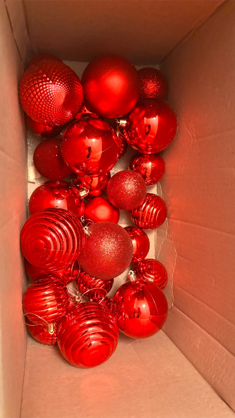 Box of Red Christmas Ornaments