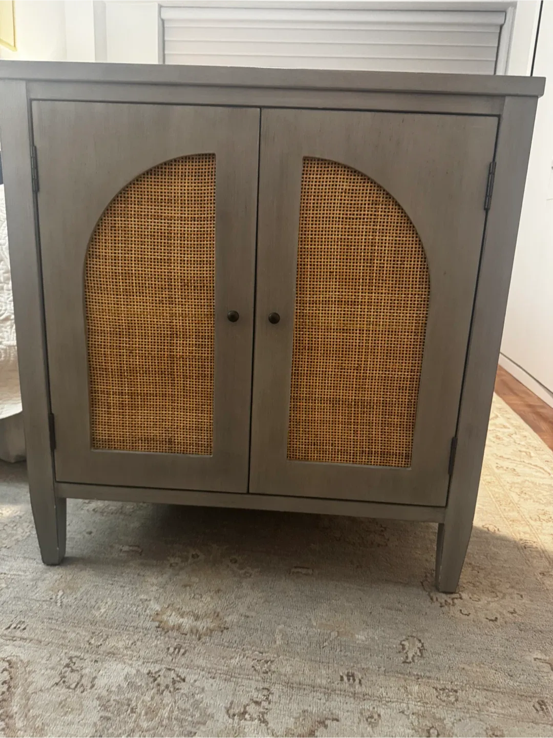 Gray Cabinet with Rattan Doors