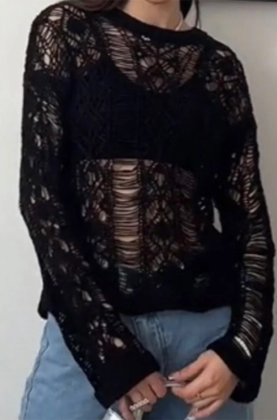 Zara Black Distressed Knit Sweater image indicator(3)