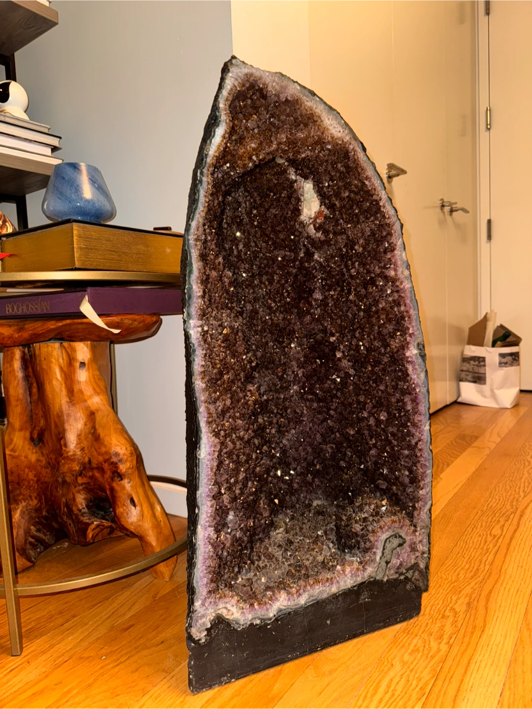Pair of Large Amethrine Geodes Set with Opal Around it