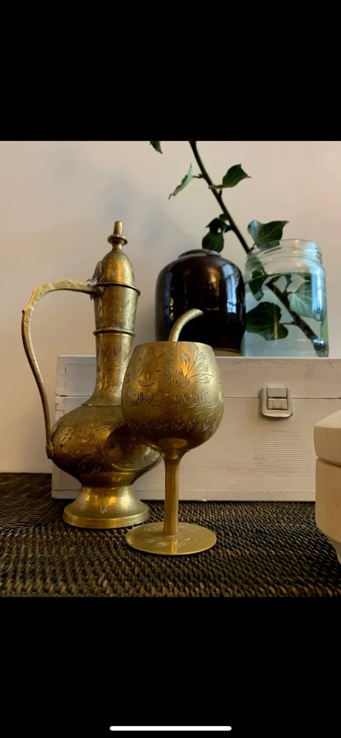 Vintage Etched Brass Pitcher & Goblet Set image indicator(10)