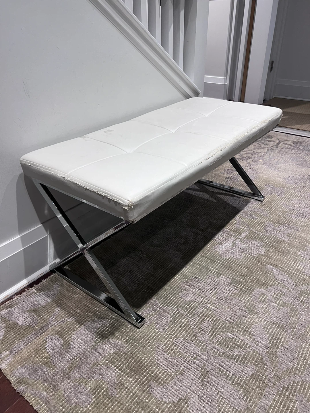White Upholstered Bench with Chrome Legs