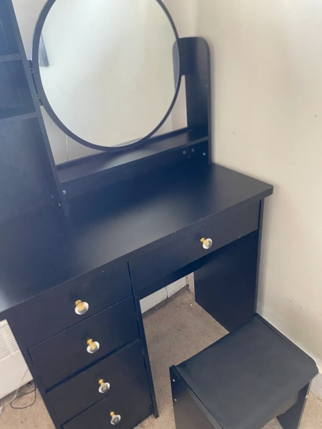 Black Vanity Makeup Table with Round Mirror & Stool image indicator(2)