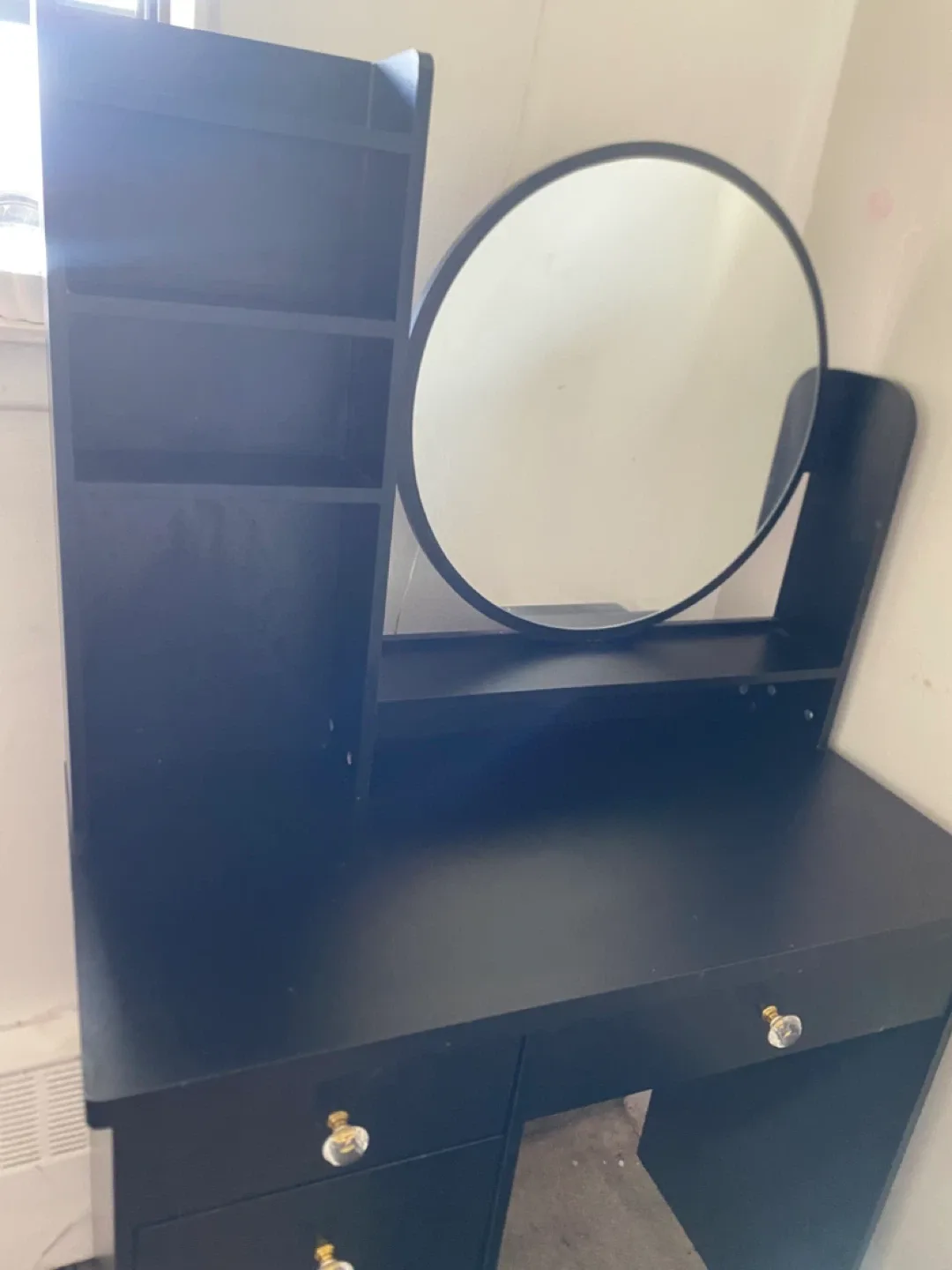 Black Vanity Makeup Table with Round Mirror & Stool image indicator(3)
