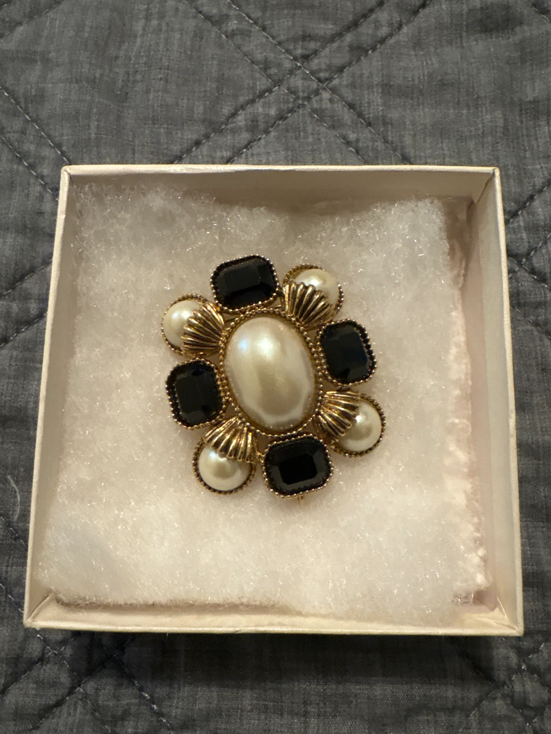 Vintage Brooch - Black, Gold, and Pearl