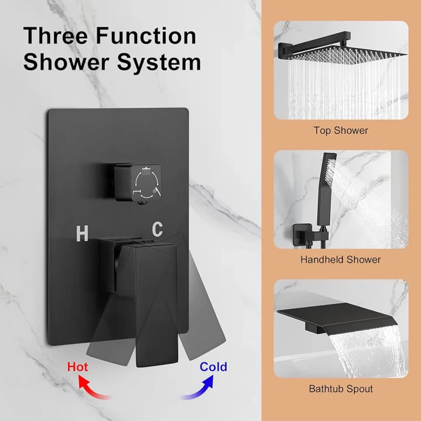 Matte Black 12 Inch Three Function Shower System - New image indicator(2)