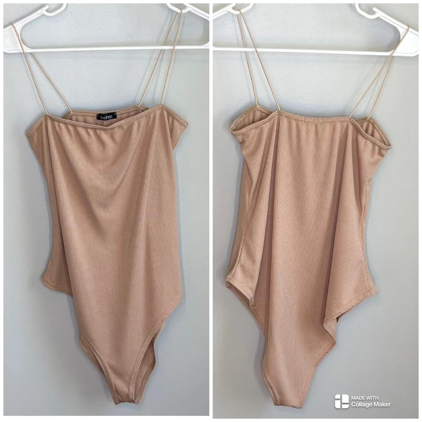 Boohoo Ribbed Square Neck Stone Skinny Strap Cami Bodysuit Sz L image indicator(3)