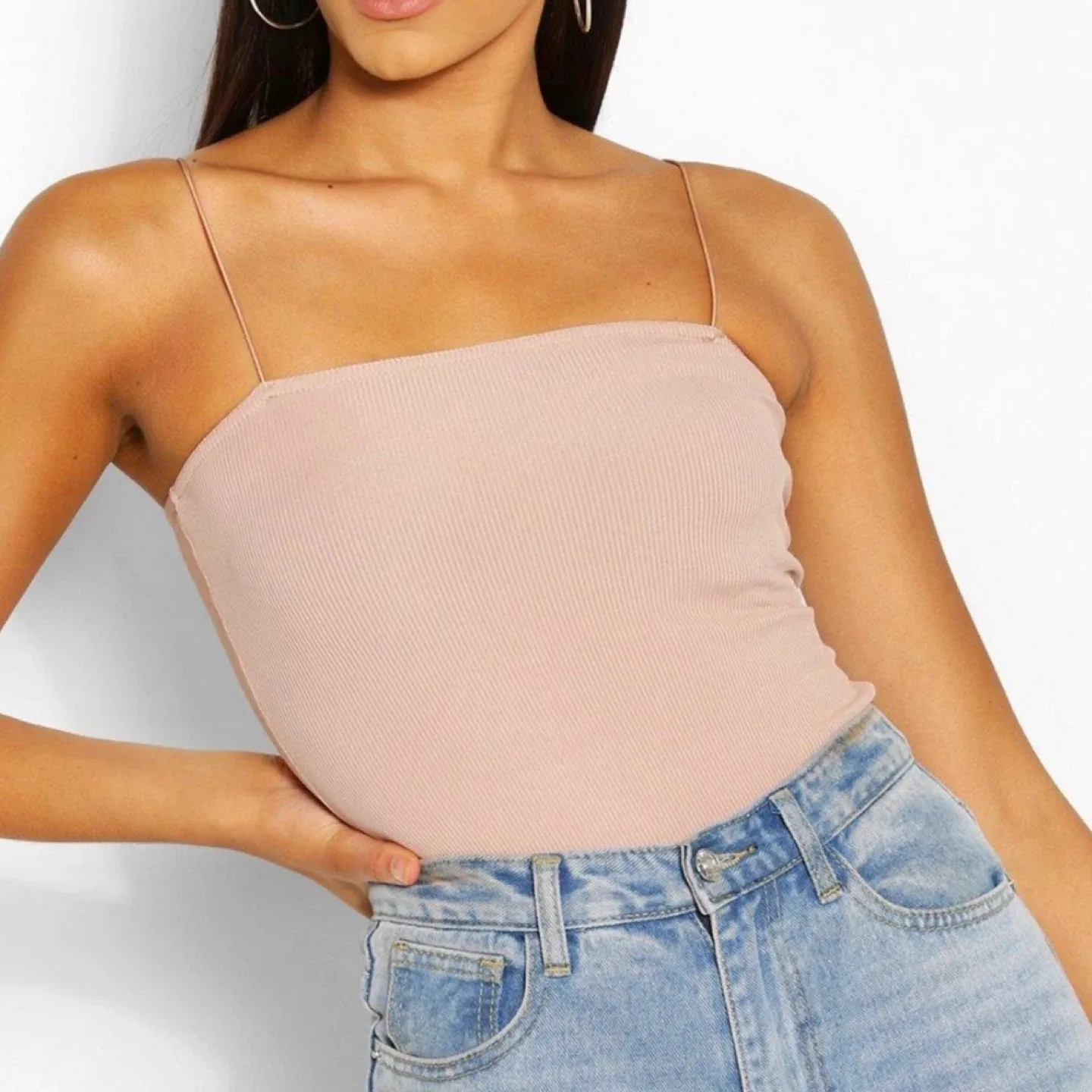 Boohoo Ribbed Square Neck Stone Skinny Strap Cami Bodysuit Sz L image indicator(2)