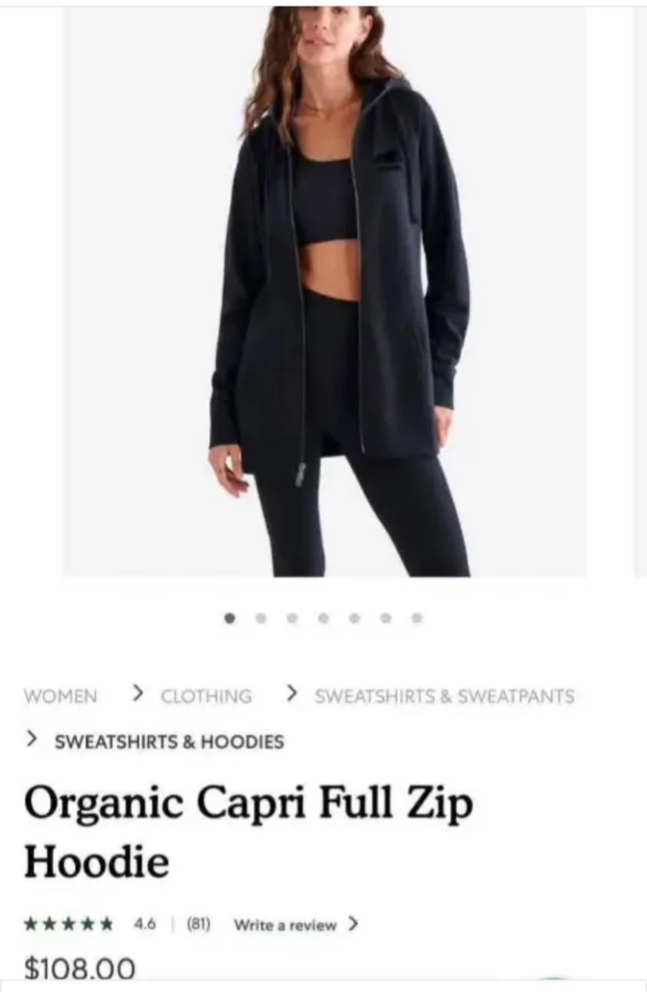 NEW Roots Organic Capri Full Zip Hoodie with tag - Black, Size S