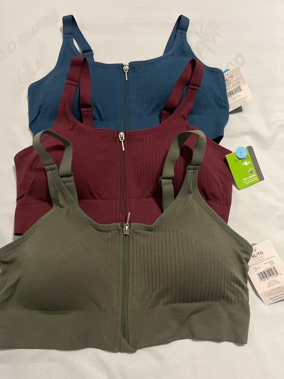 Athletic Works XL/TG Zipper Bras - 3 Pack New!!