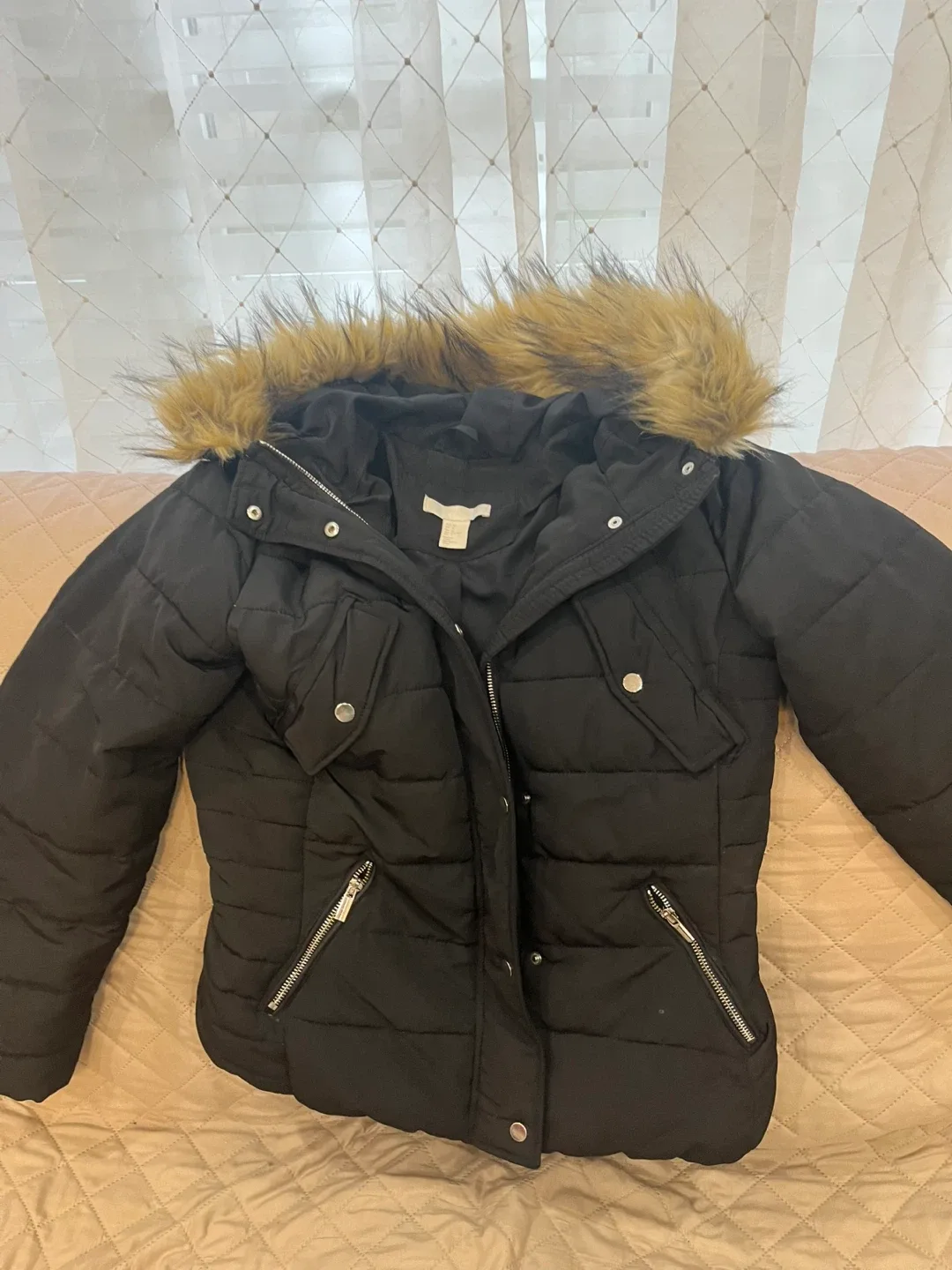 H&M Black Puffer Jacket with Fur Hood
