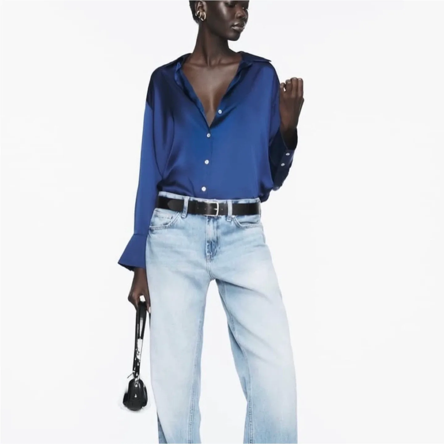 Zara navy satin effect blouse XS image indicator(6)