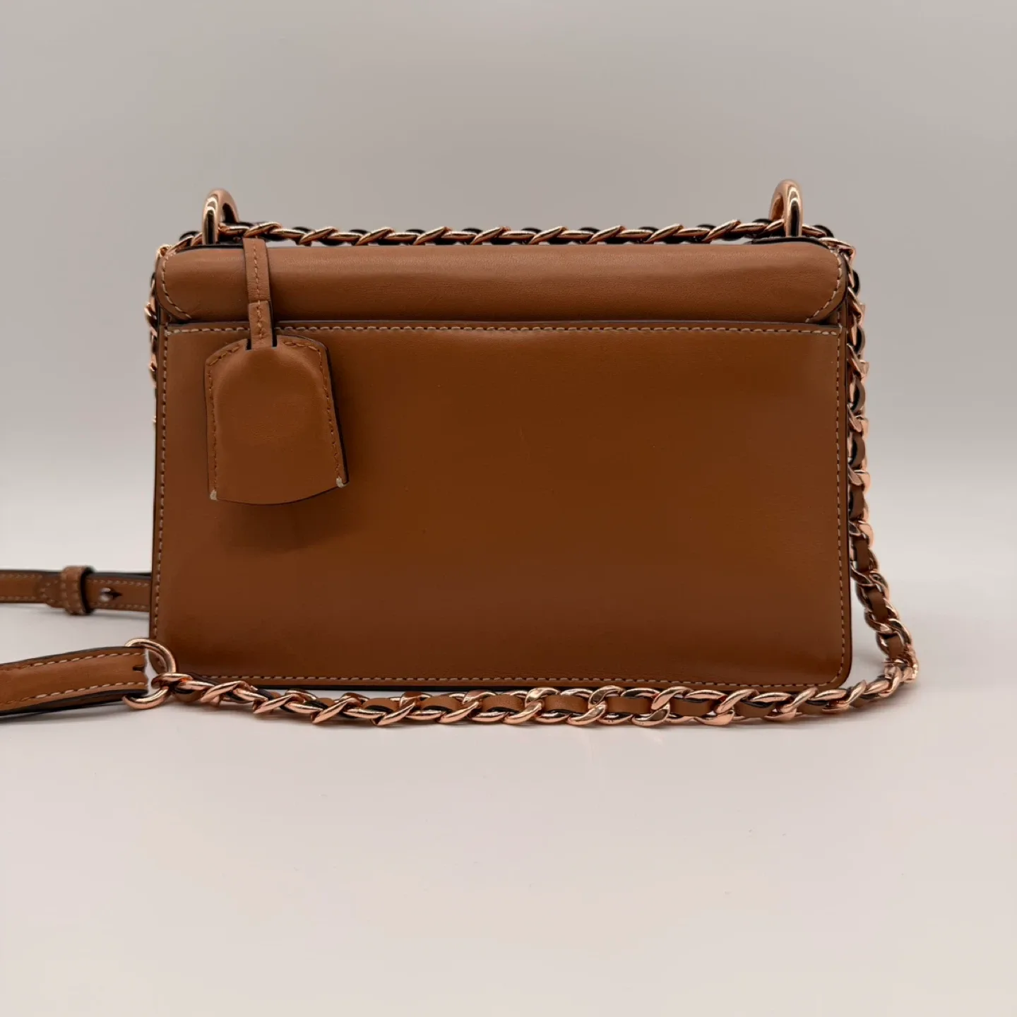 Oroton Leather Crossbody – Tan with Rose Gold Chain/almost new image indicator(4)