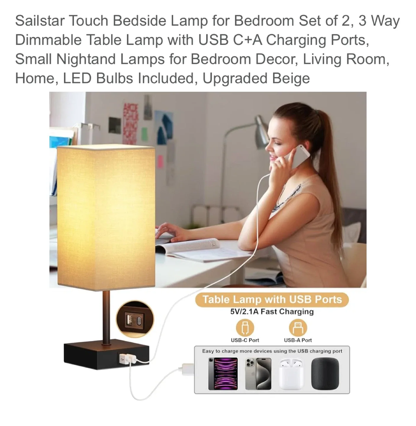 Sailstar Touch Bedside Lamp Set of 2 - Upgraded Beige image indicator(3)