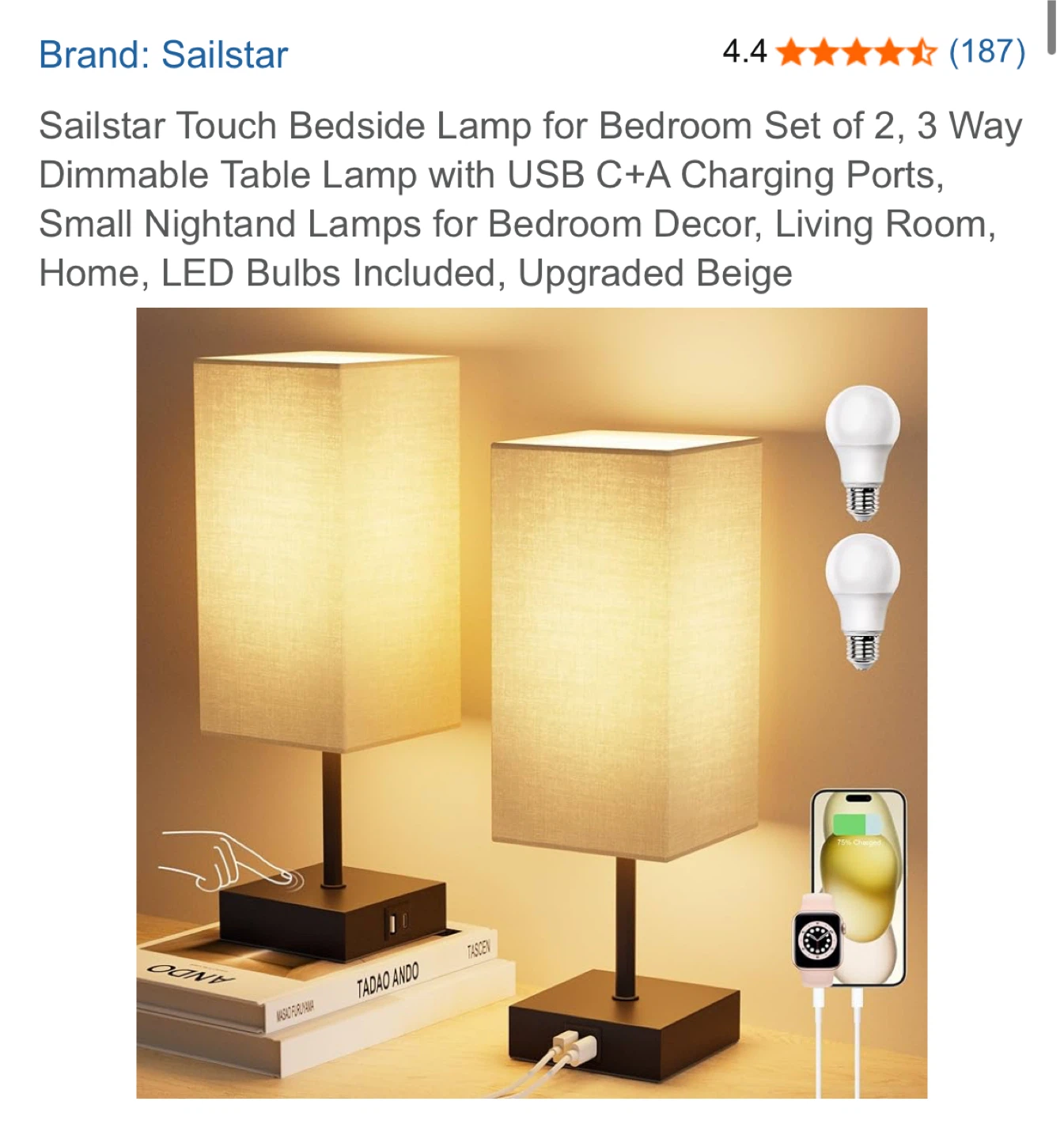 Sailstar Touch Bedside Lamp Set of 2 - Upgraded Beige