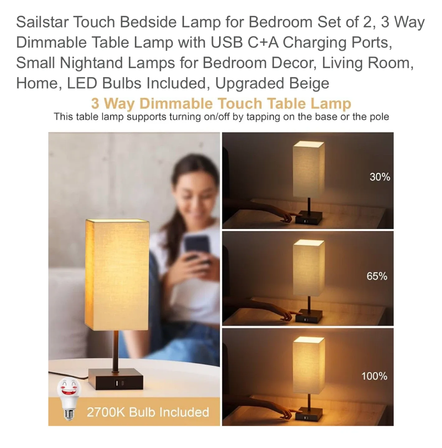 Sailstar Touch Bedside Lamp Set of 2 - Upgraded Beige image indicator(2)