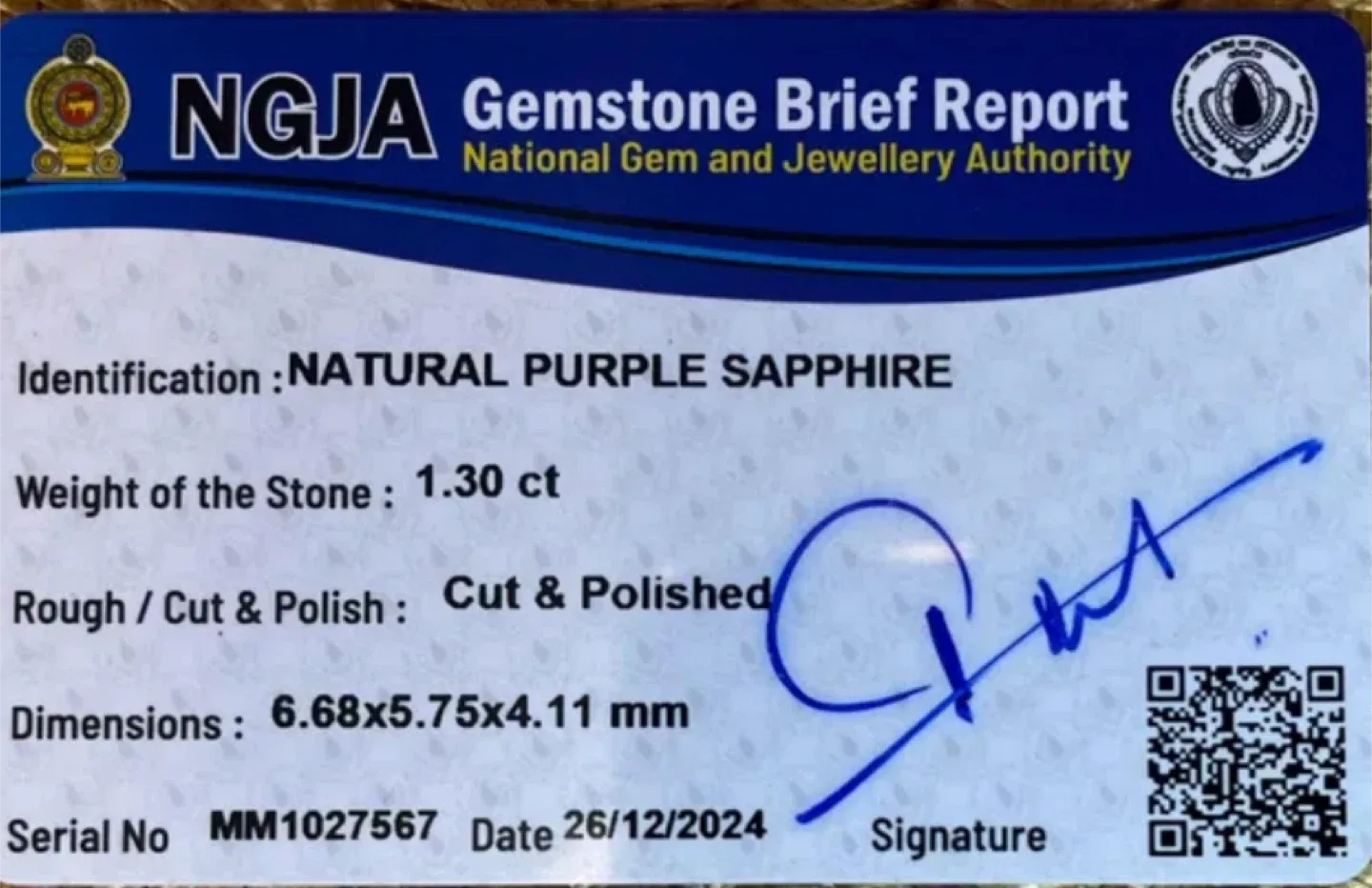 Natural Purple Ceylon Sapphire 1.30 ct with certification image indicator(3)