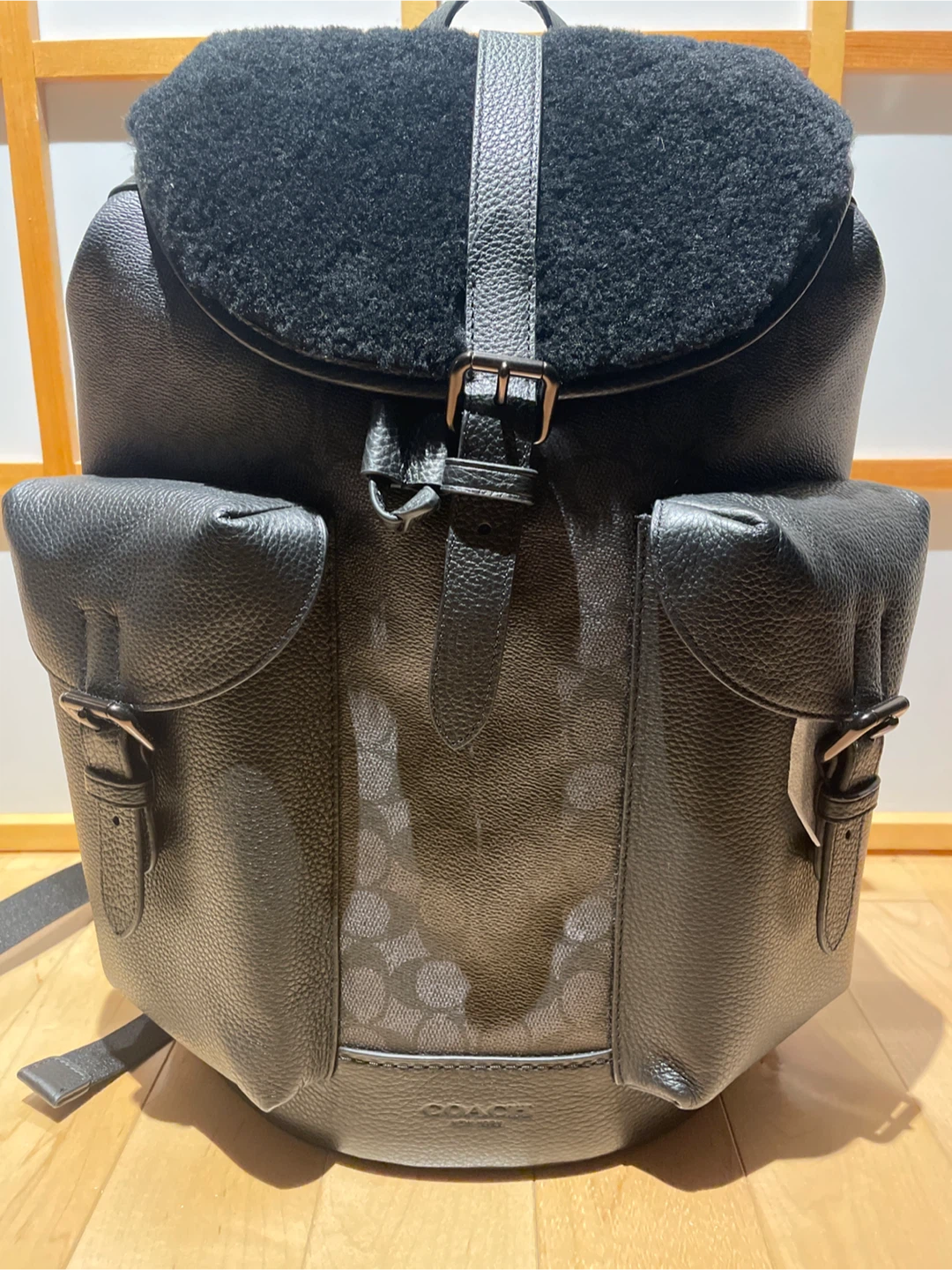 Coach Leather Backpack with Shearling Trim