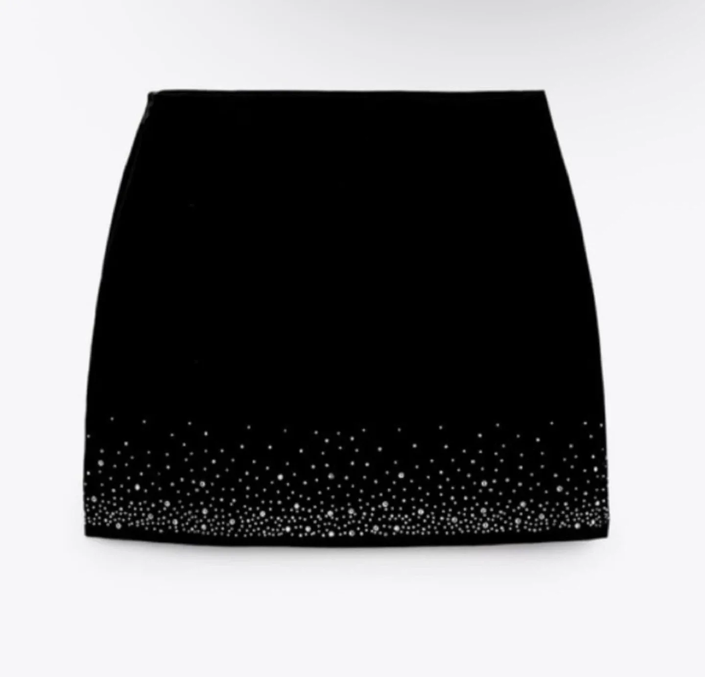 NWOT ZARA Velvet Rhinestone Asymmetrical Mini Skirt image indicator(6)