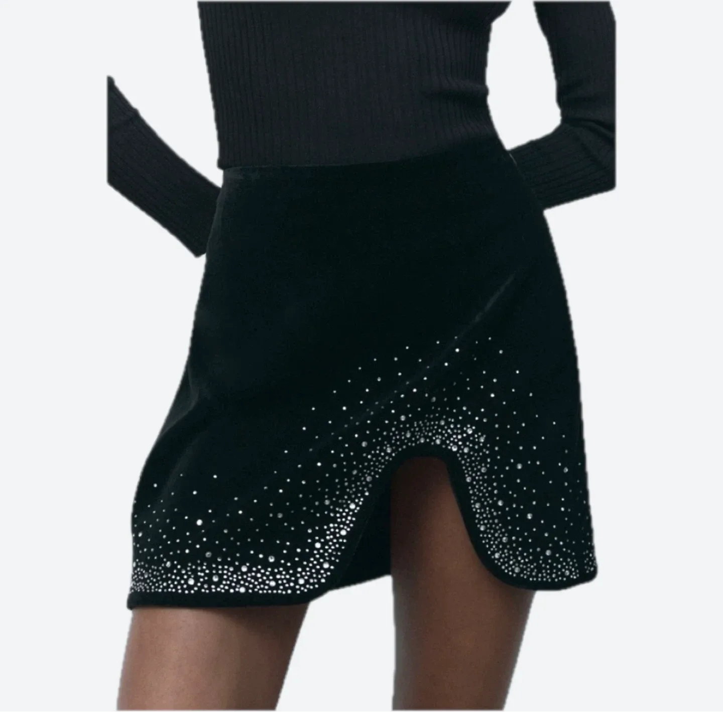 NWOT ZARA Velvet Rhinestone Asymmetrical Mini Skirt image indicator(10)