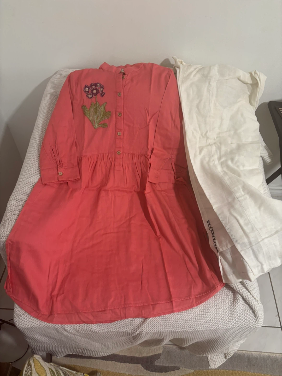 Coral Dress with Floral Embroidery