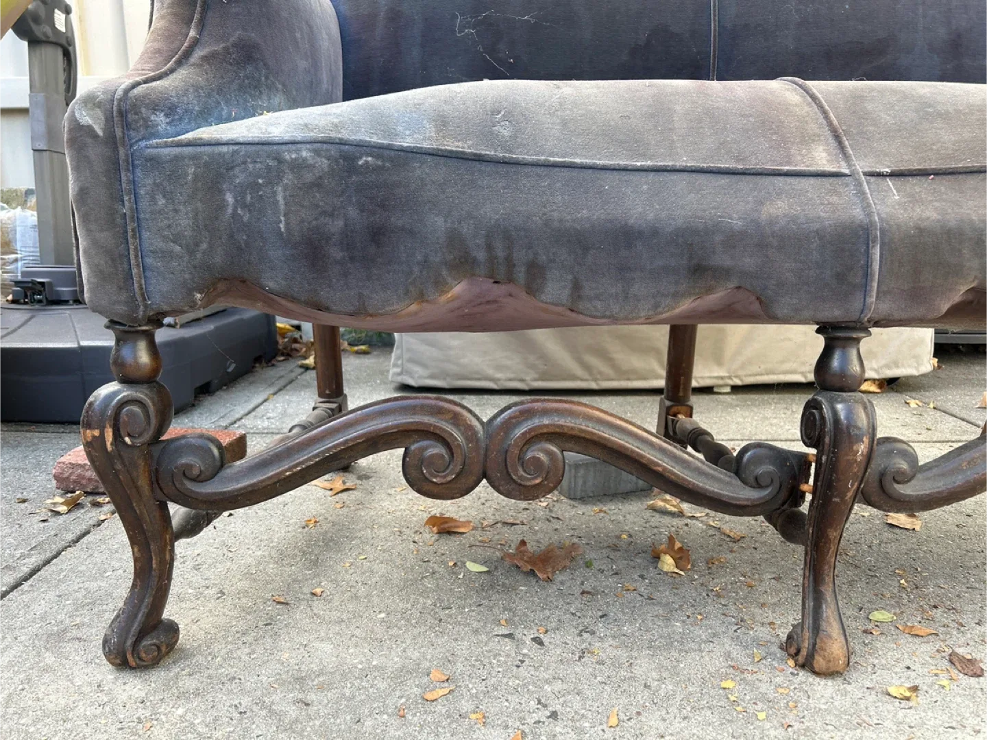 vintage or antique velvet settee with a carved wood frame image indicator(4)