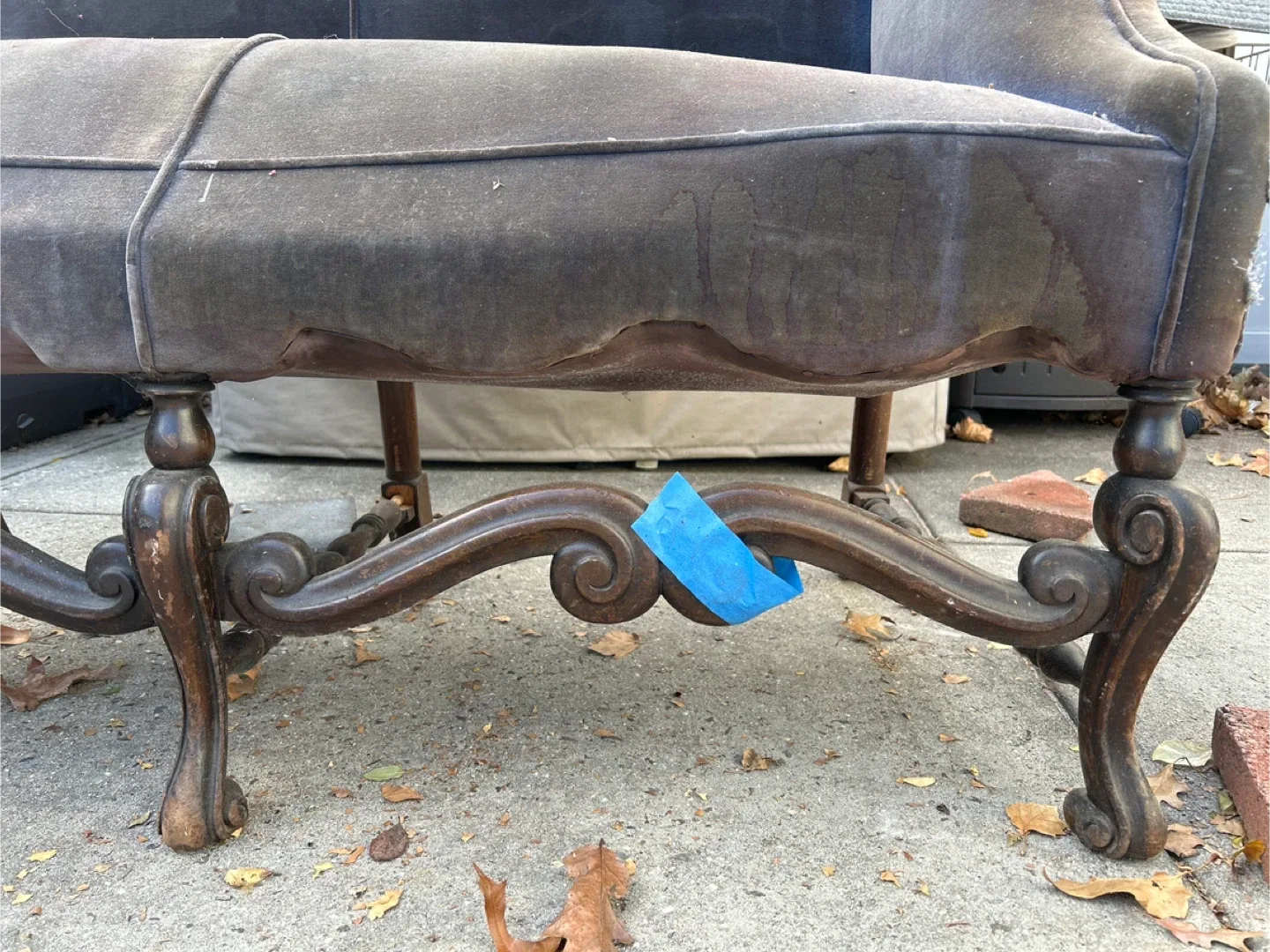 vintage or antique velvet settee with a carved wood frame image indicator(5)