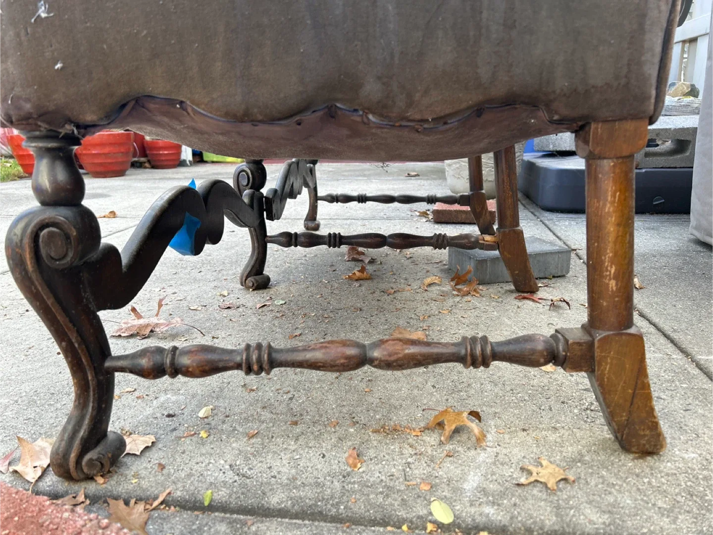 vintage or antique velvet settee with a carved wood frame image indicator(8)