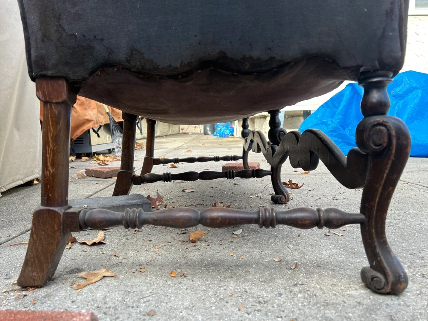 vintage or antique velvet settee with a carved wood frame image indicator(9)