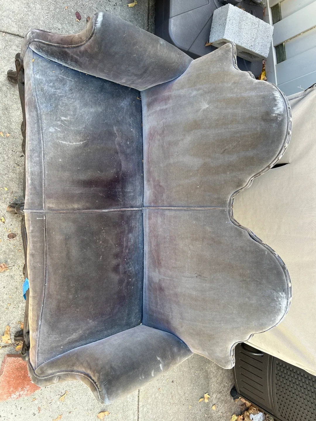 vintage or antique velvet settee with a carved wood frame image indicator(10)