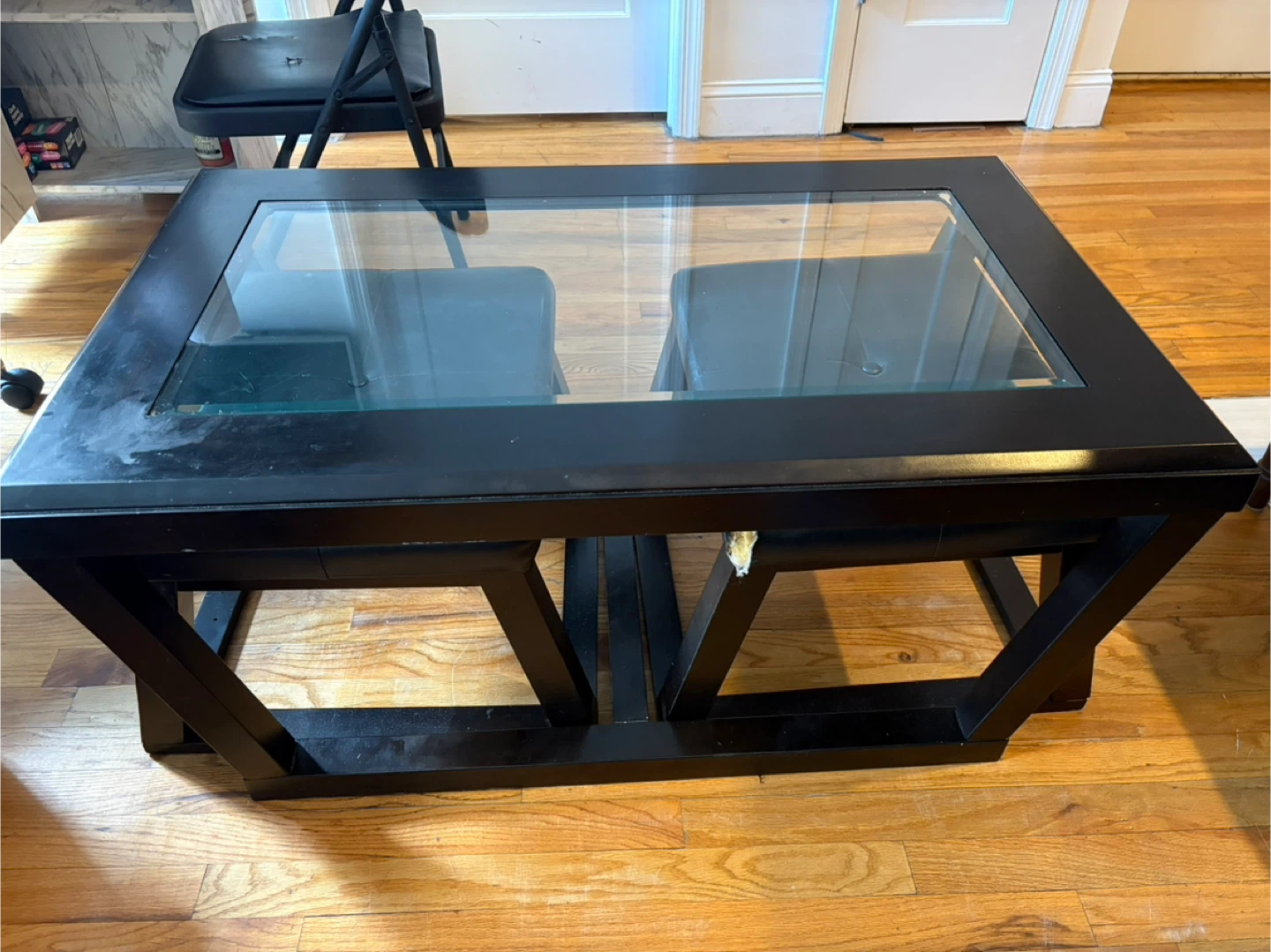 Black Coffee Table with Glass Top and chairs