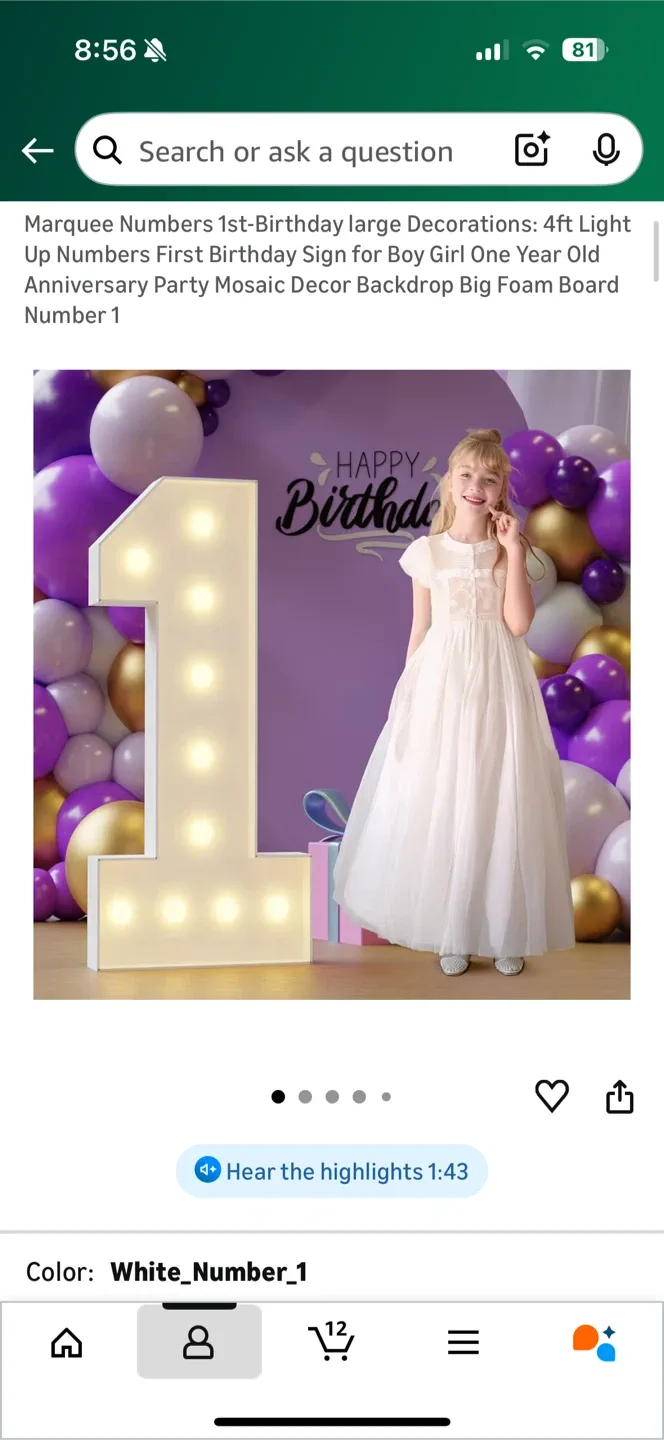 Imprsv Party White Number 1 Marquee Sign