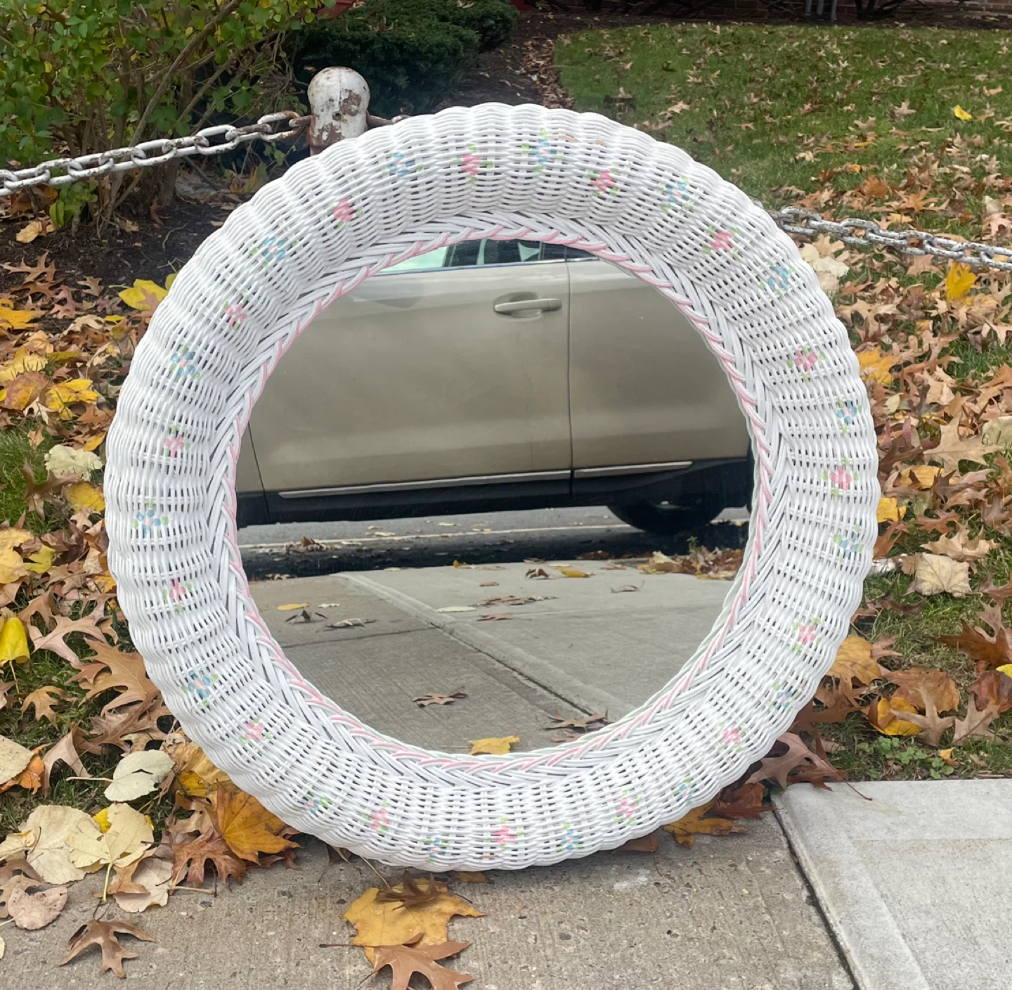 Vintage Round White Rattan Wall Mirror