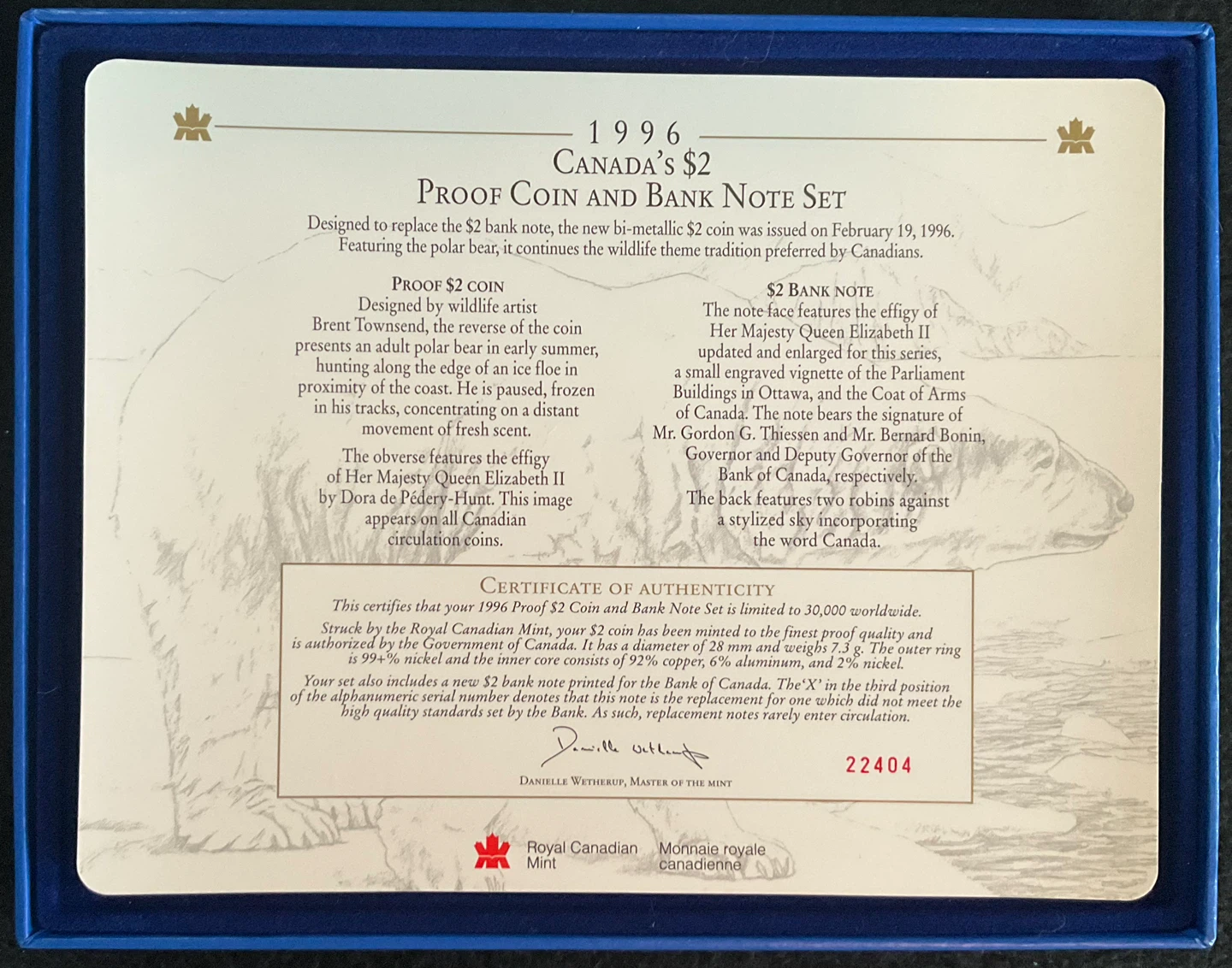 1996 Canada $2 Proof Coin and Bank Note Set - photo 2