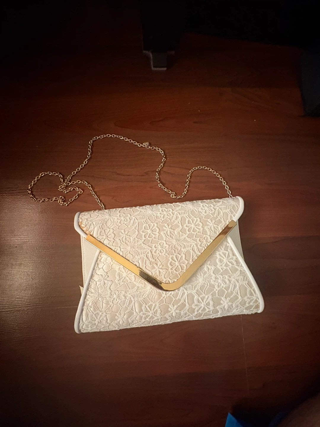 White Lace Clutch with Gold Chain
