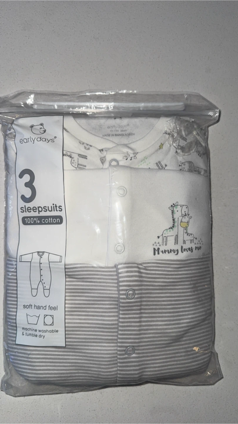 Early Days 3-Pack Baby Sleepsuits - NEW