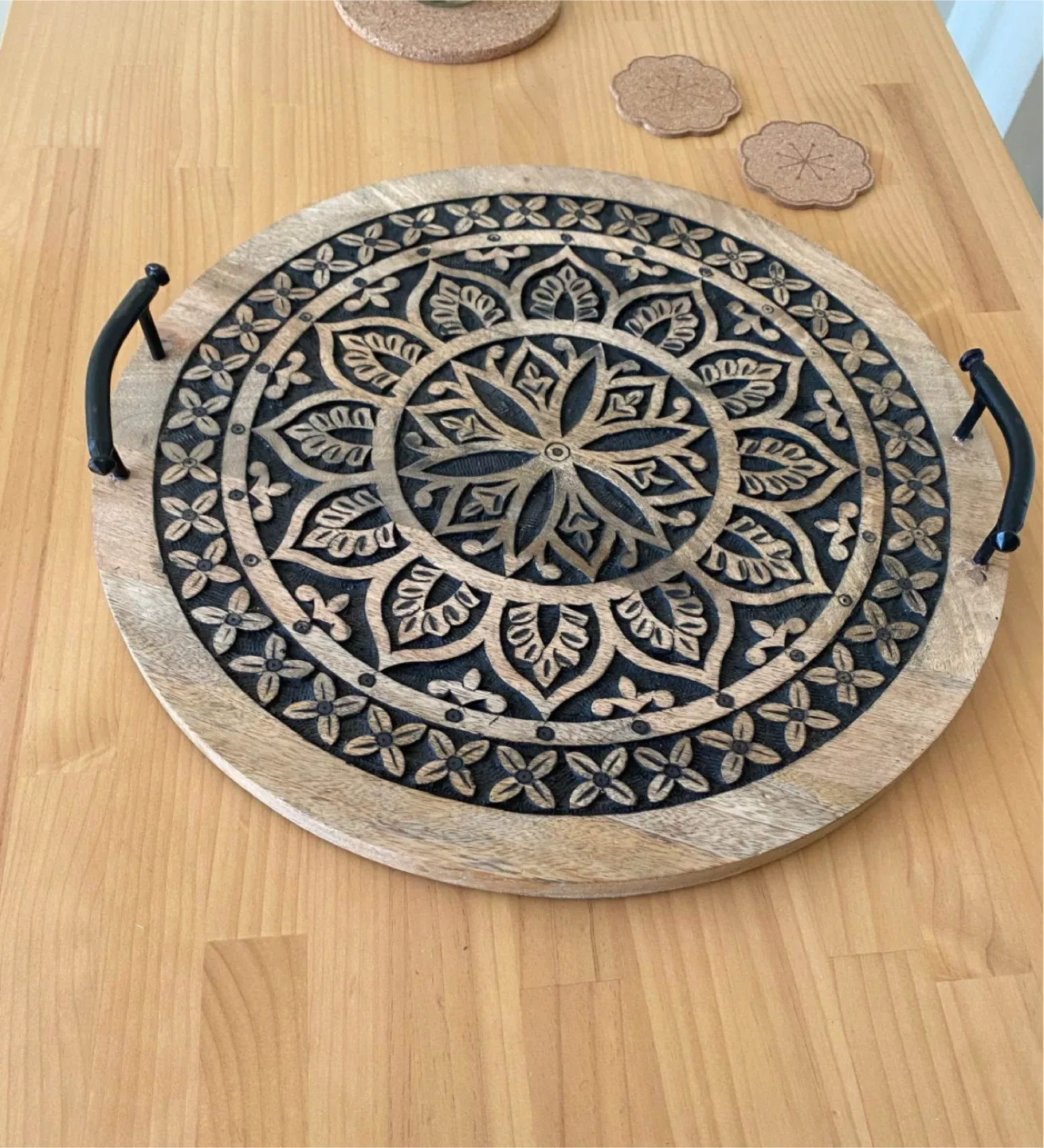 Round Wooden Serving Tray with Handles