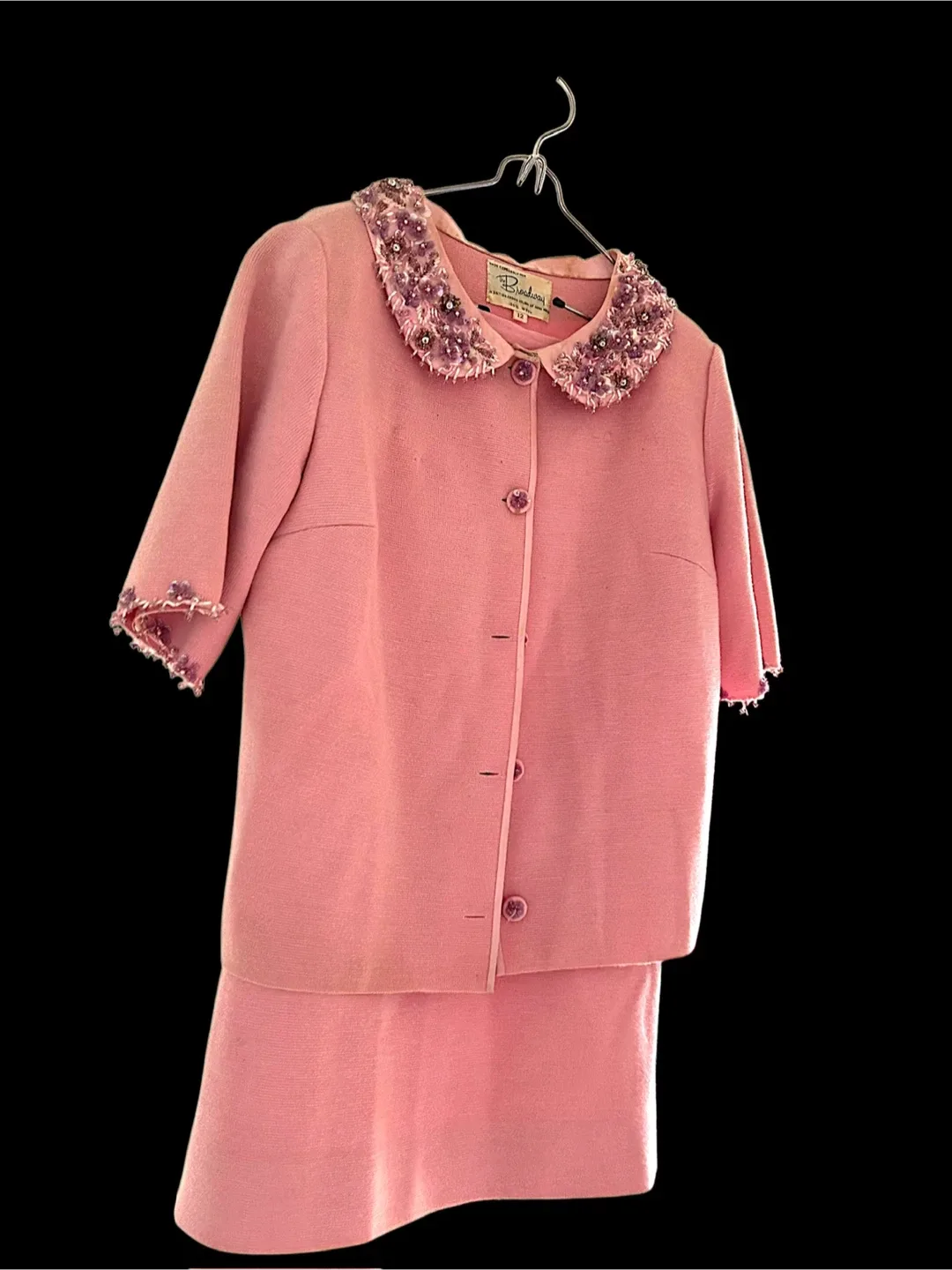 Vintage Pink Beaded Collar Skirt Suit Set image indicator(4)