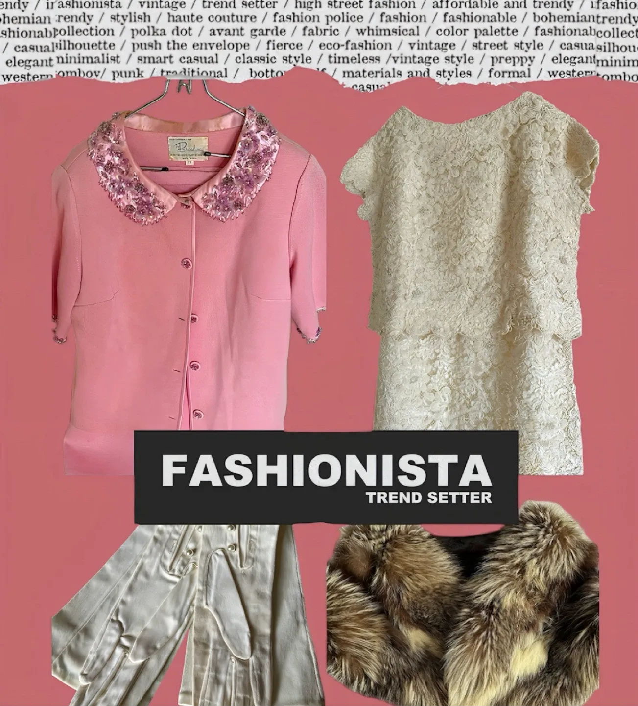 Vintage Pink Beaded Collar Skirt Suit Set