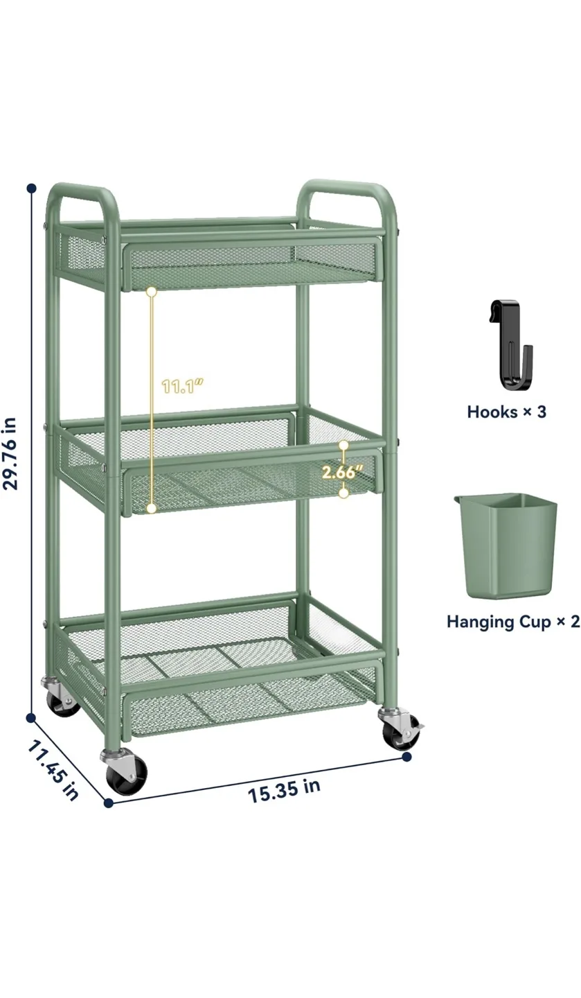 YASONIC 3-Tier Rolling Cart - Sage Green image indicator(2)