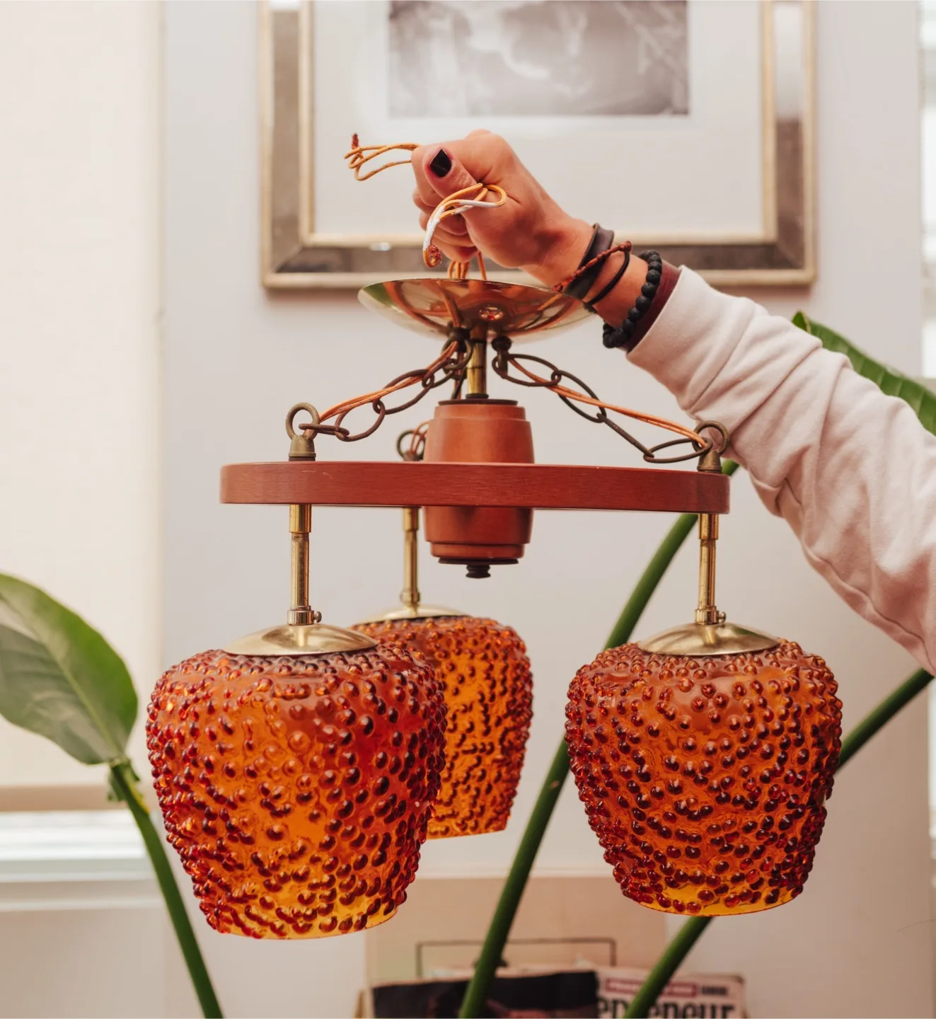 MCM Amber Bubble Glass 3-Light Ceiling Lamp 🤎 FOUR available