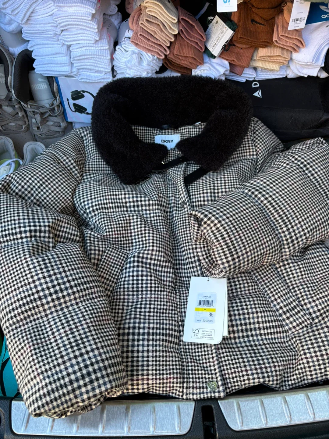 DKNY Plaid Puffer Jacket with Faux Fur Collar - M