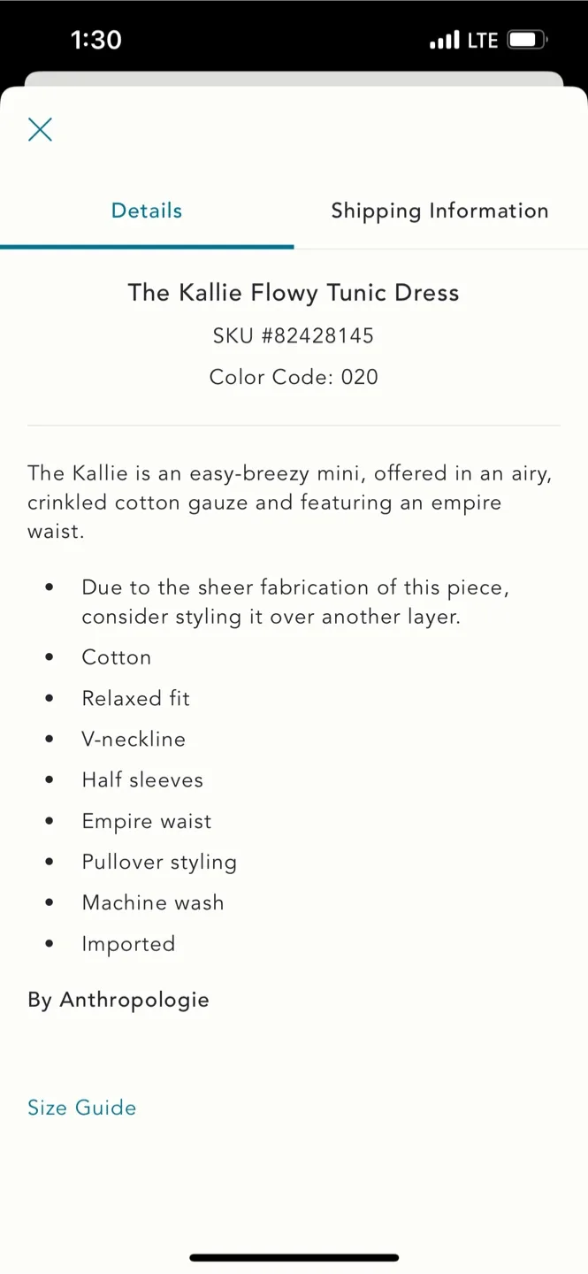 BNWT Anthropologiee Kallie Cotton Flowy TUNIC Dress BROWN XS image indicator(5)