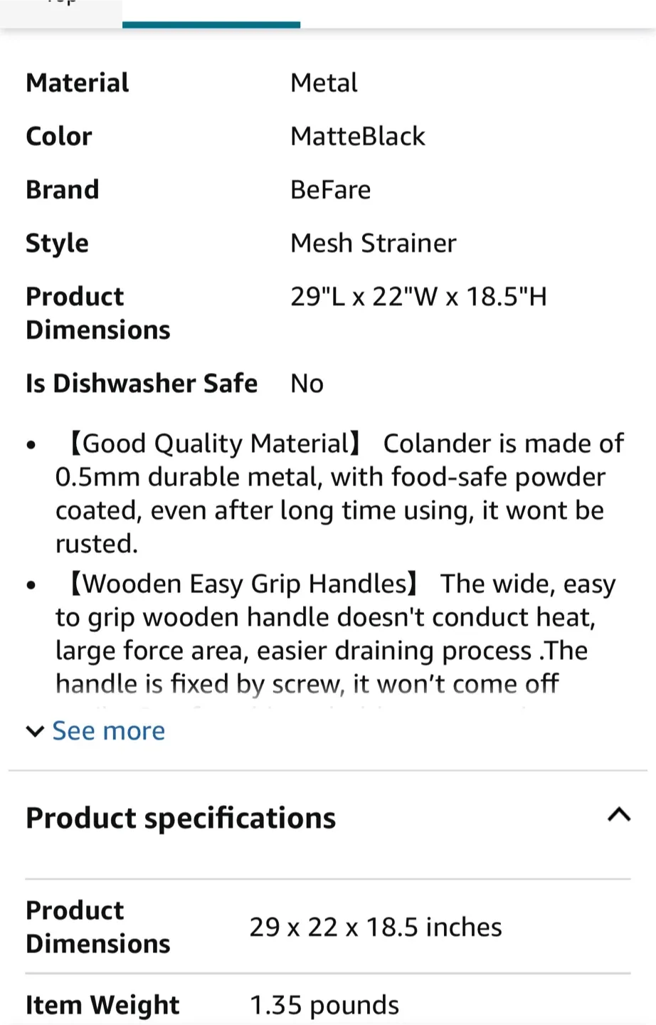 BeFare  Large Metal Colander with Wood Handle & Stable Base image indicator(5)