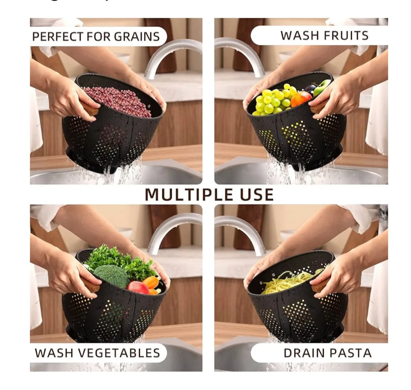 BeFare  Large Metal Colander with Wood Handle & Stable Base image indicator(7)