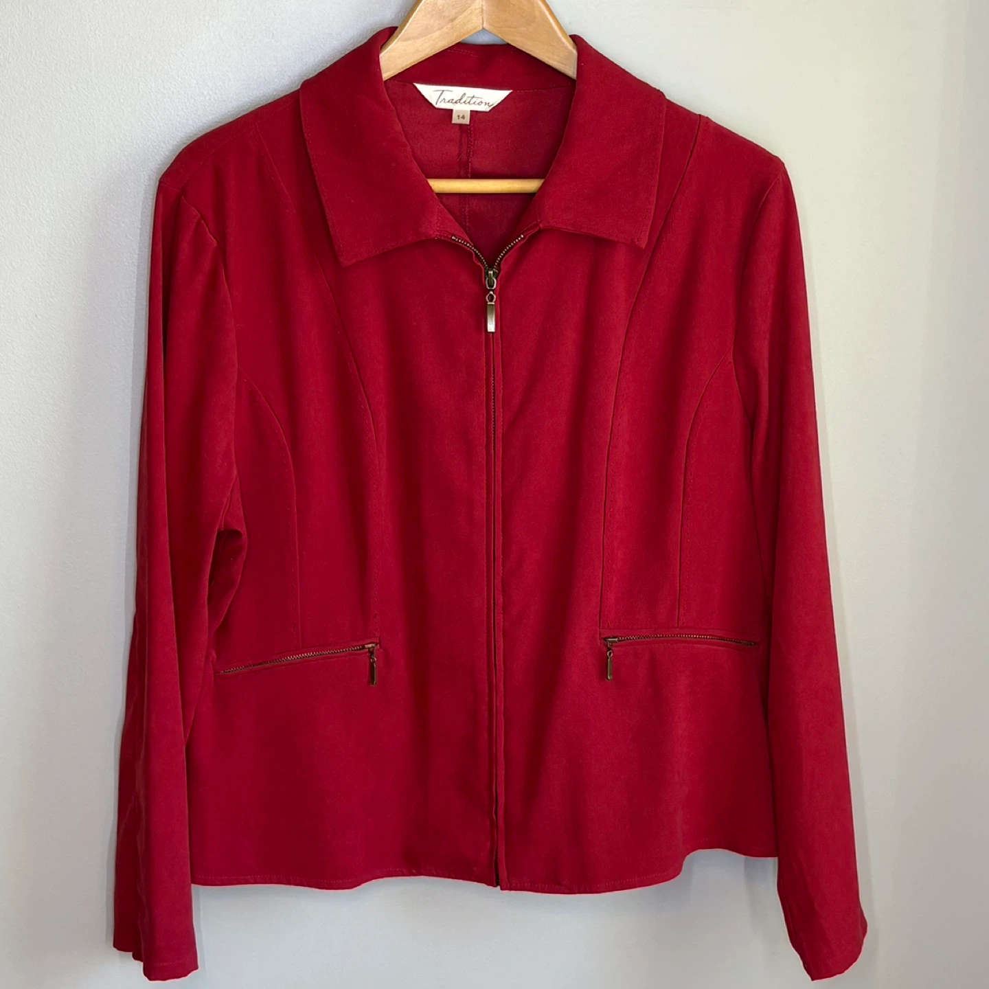 Traditions Cozy Red Brushed Knit Zip-Up Blazer Jacket Size 14 - photo 2
