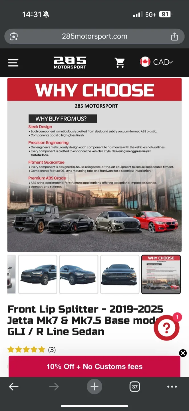 285 Motorsport Front Lip Splitter for Jetta MK7/MK7.5 image indicator(4)