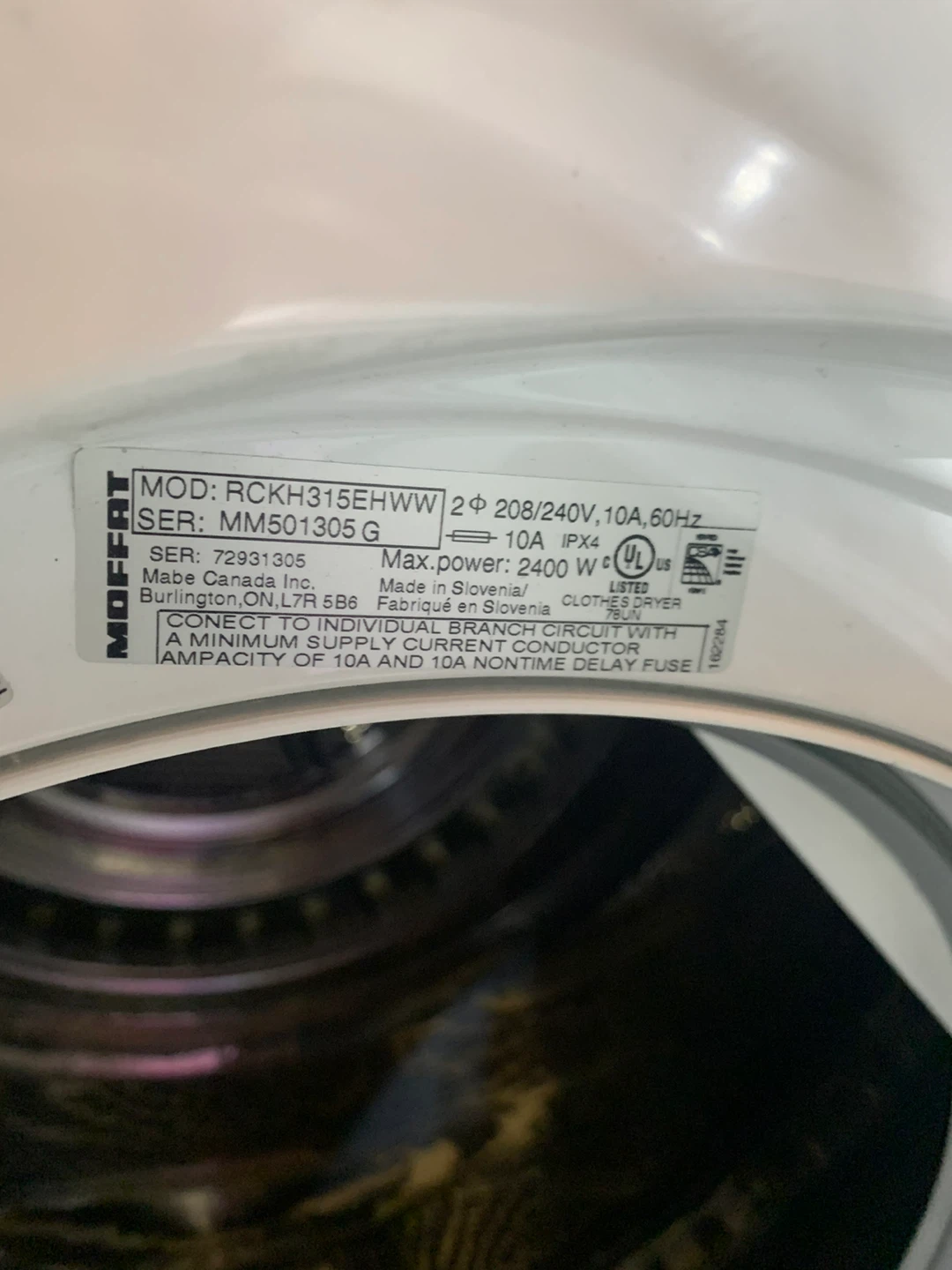 Moffat RCKH315EHW Dryer - photo 3