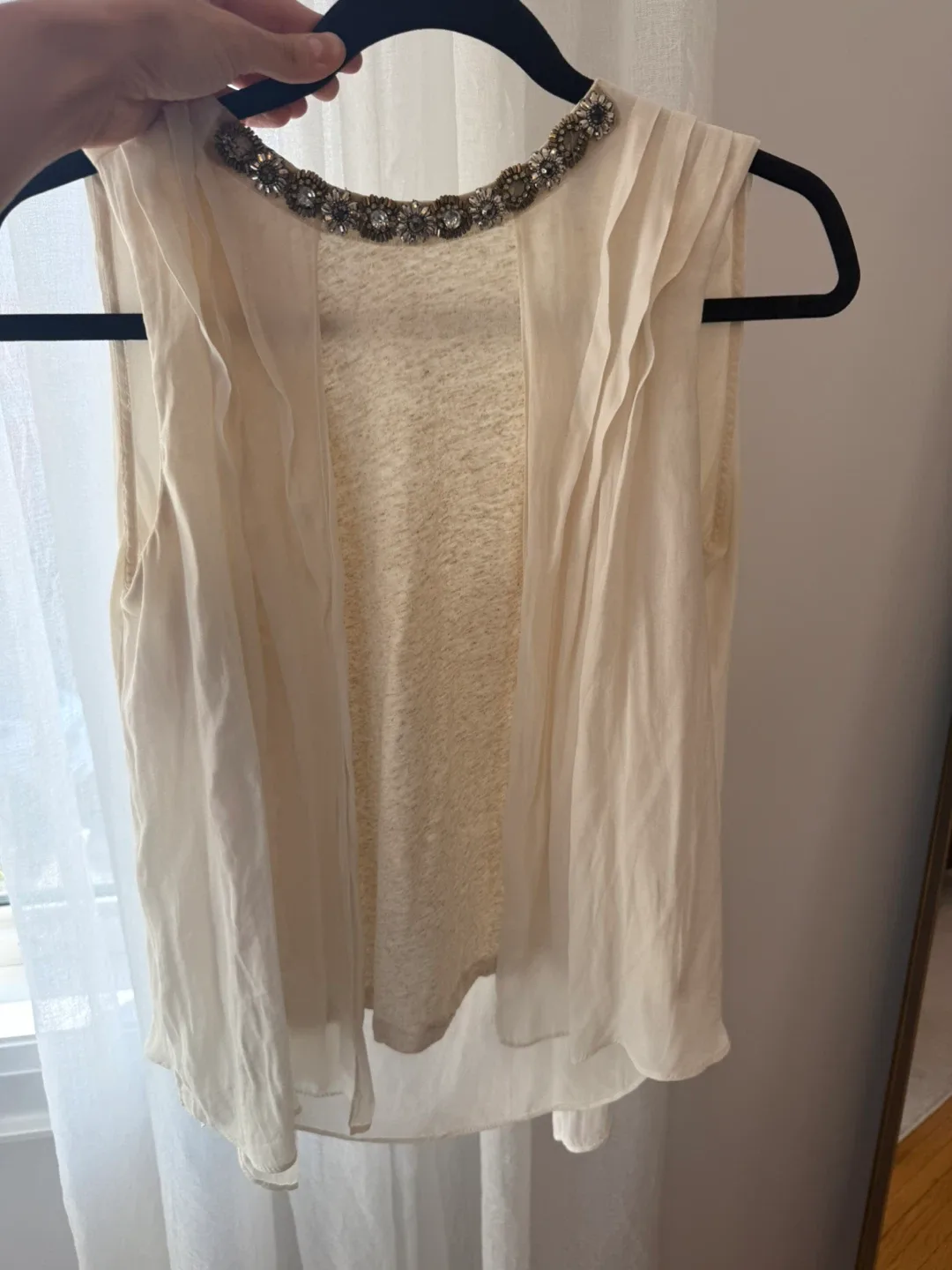 Beige Sleeveless Top with Embellished Neckline